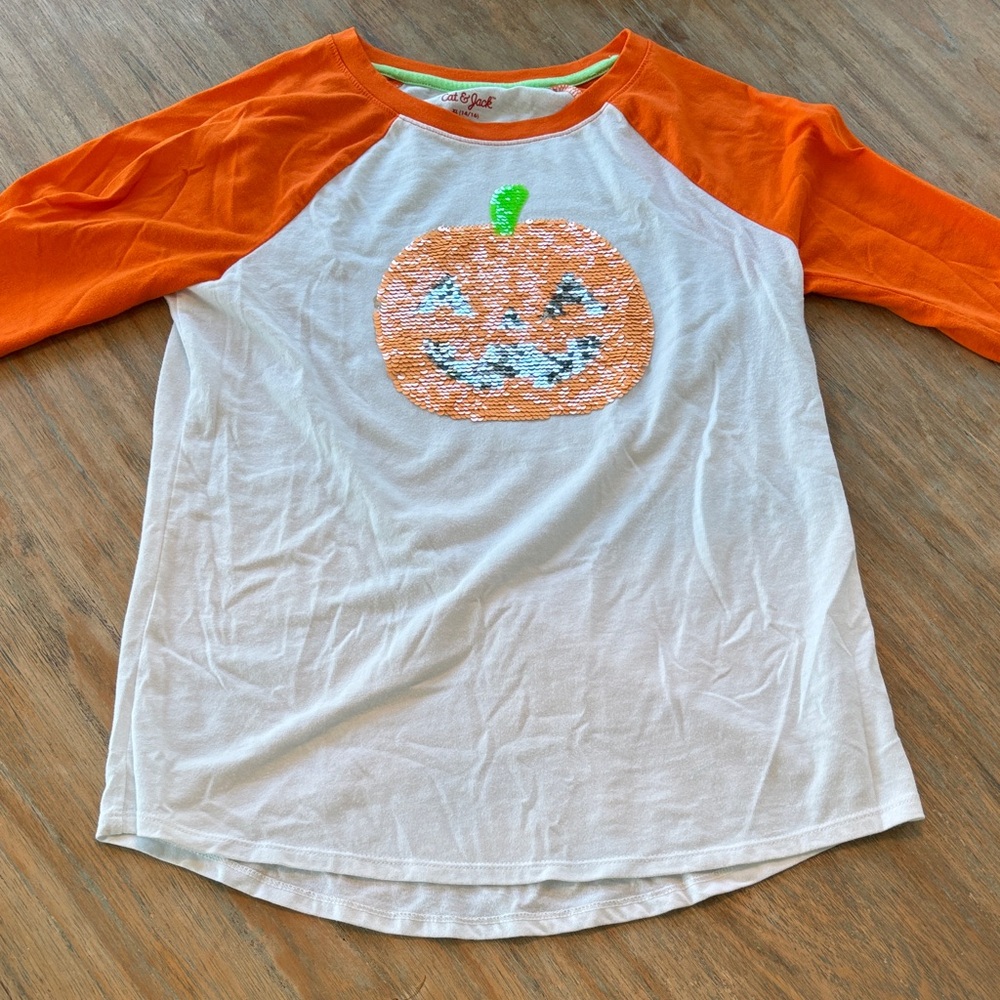 Cat & Jack Orange and White sequin Pumpkin 3/4 Long Sleeve Tee